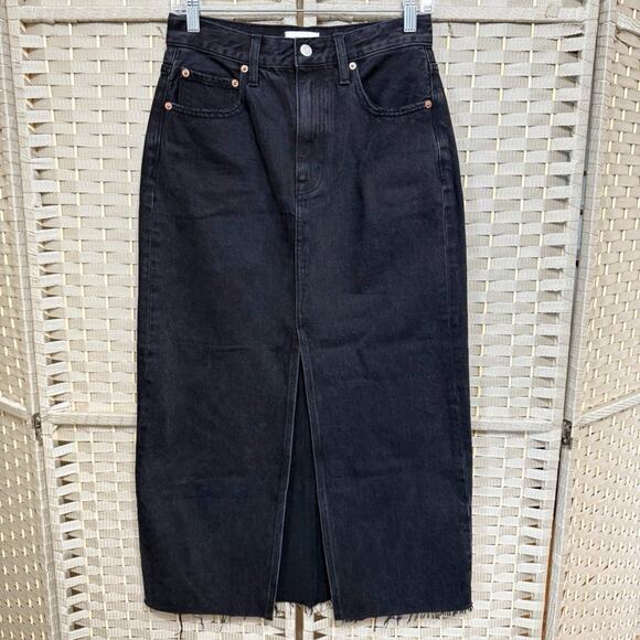 PISTOLA ALICE DENIM MIDI SKIRT SIZE 27 BLACK UNDERGROUND WASH RAW HEM SLIT NEW - Picture 1 of 11